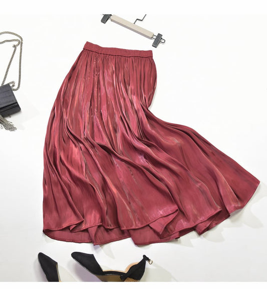 Mid-Length A-Line Pleated Satin Autumn Skirt