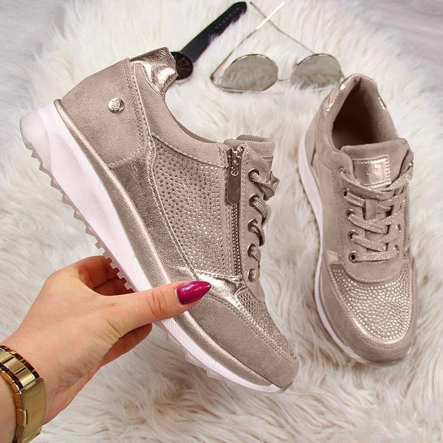 Women's Casual Lace-Up Gold Platform Sneakers