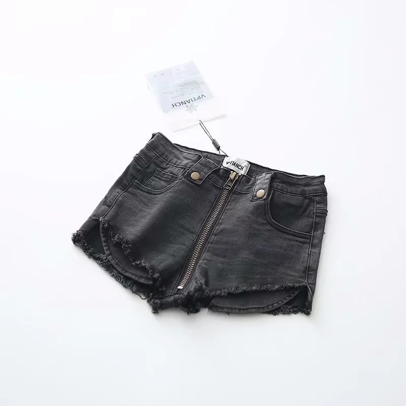 High Waist Stretch Fit Front Zip Denim Shorts - AriaCo.