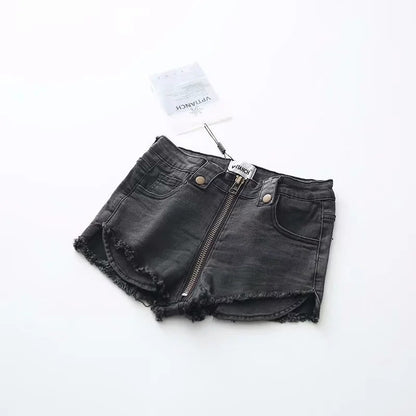 High Waist Stretch Fit Front Zip Denim Shorts - AriaCo.