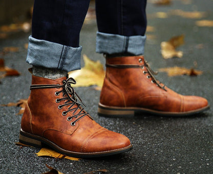 Men's Vintage Style PU Leather Lace - Up Boots - AriaCo.