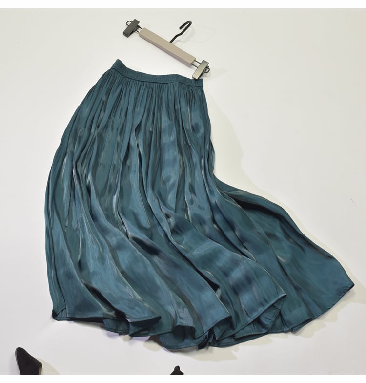 Mid - Length A - Line Pleated Satin Autumn Skirt - AriaCo.
