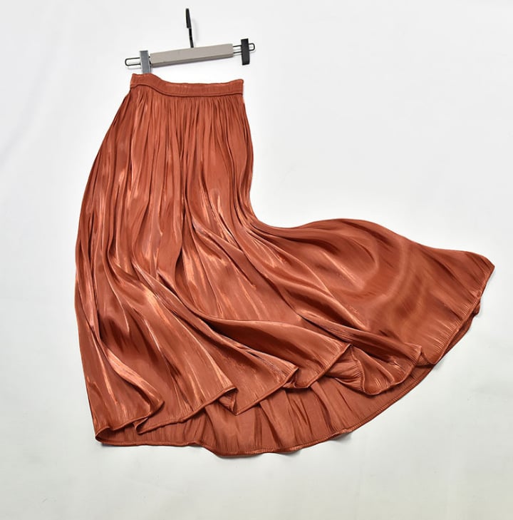 Mid - Length A - Line Pleated Satin Autumn Skirt - AriaCo.