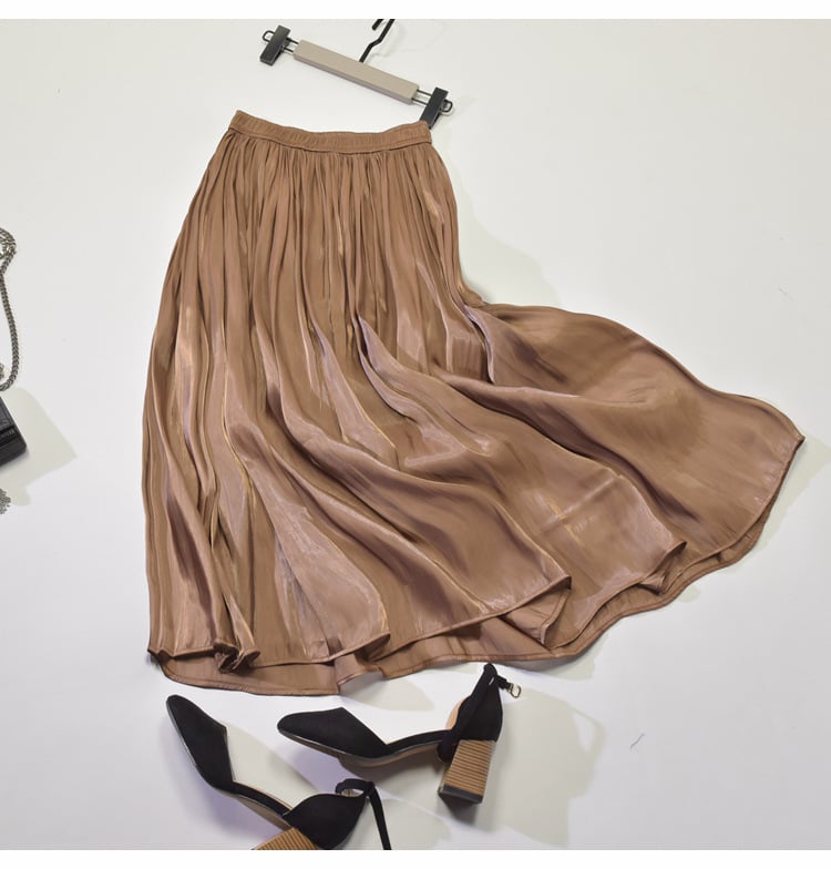 Mid - Length A - Line Pleated Satin Autumn Skirt - AriaCo.