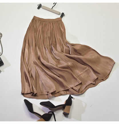 Mid - Length A - Line Pleated Satin Autumn Skirt - AriaCo.