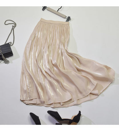 Mid - Length A - Line Pleated Satin Autumn Skirt - AriaCo.