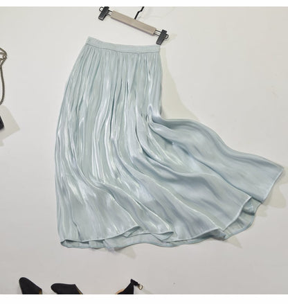 Mid - Length A - Line Pleated Satin Autumn Skirt - AriaCo.