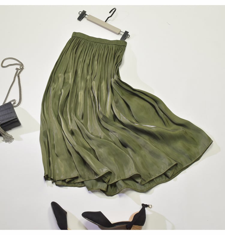 Mid - Length A - Line Pleated Satin Autumn Skirt - AriaCo.