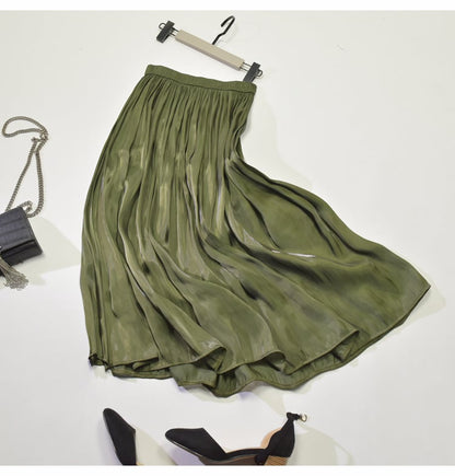 Mid - Length A - Line Pleated Satin Autumn Skirt - AriaCo.