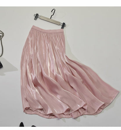 Mid - Length A - Line Pleated Satin Autumn Skirt - AriaCo.