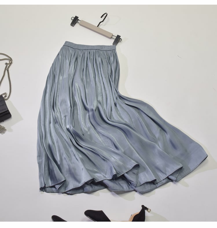 Mid - Length A - Line Pleated Satin Autumn Skirt - AriaCo.