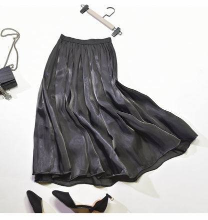 Mid - Length A - Line Pleated Satin Autumn Skirt - AriaCo.