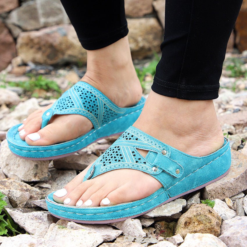 Multicolor Wedge Heel Women's Hollow Flip Flops - AriaCo.