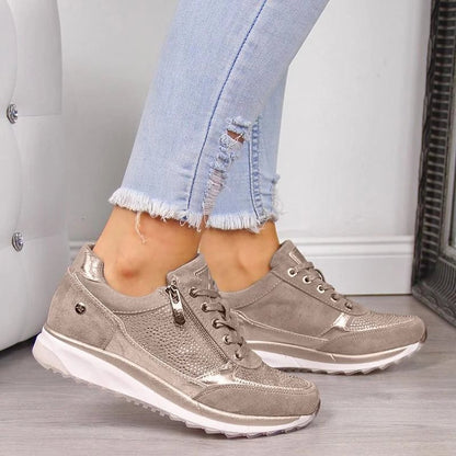 Women's Casual Lace-Up Gold Platform Sneakers - AriaCo.